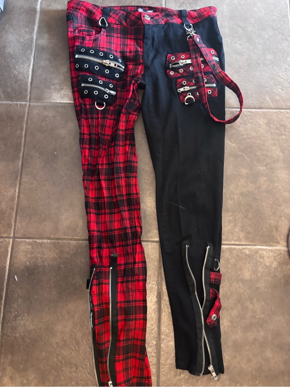 Red Plaid and Black Punk-Style Bottoms with Zipper & Strap Details